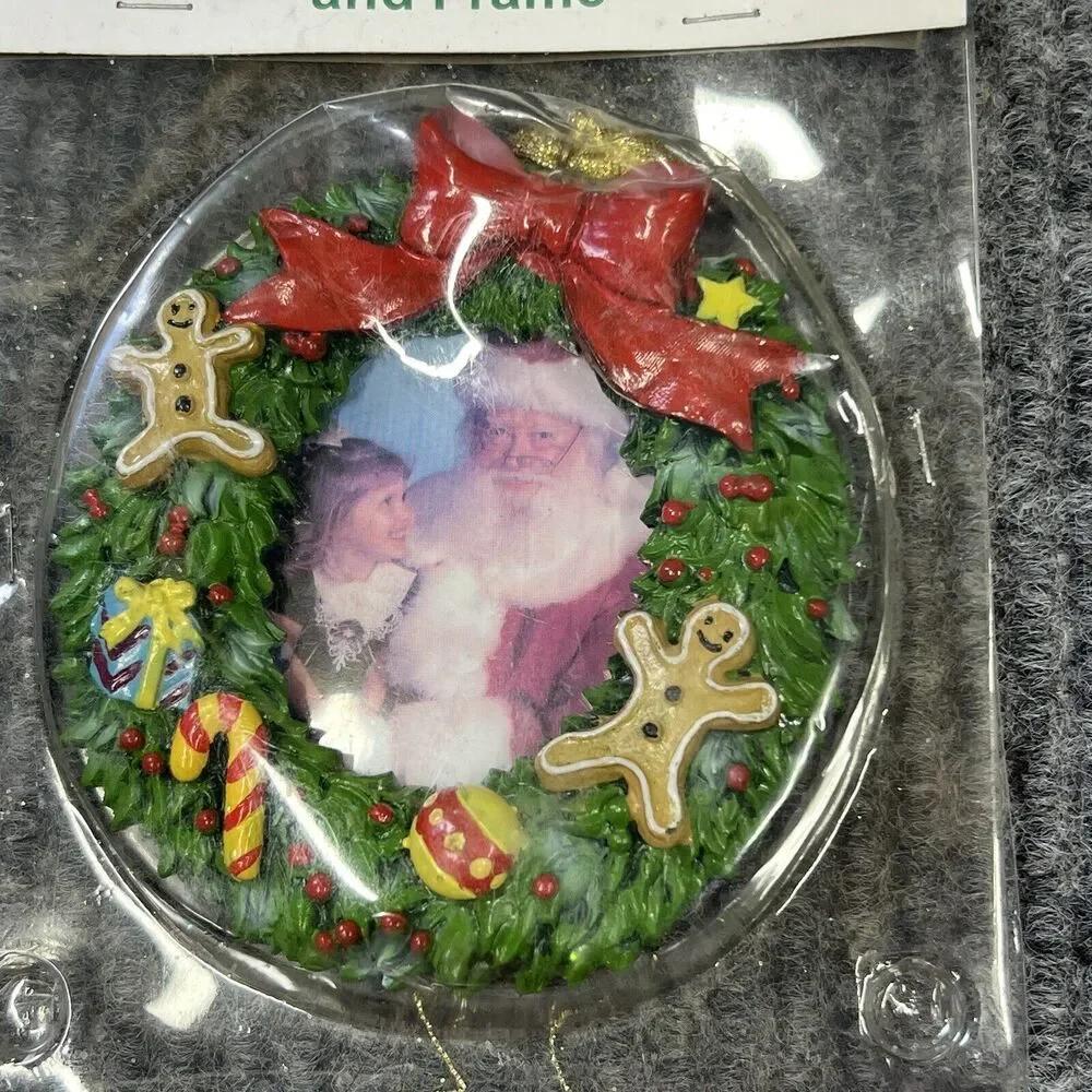 VTG Santa and Me Hand Painted‎ Ornament & Frame Gingerbread Candy Presents 4x3.5